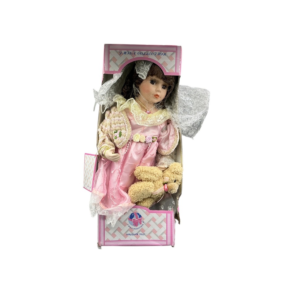 J. Misa Collection Porcelain Doll Pink Dress Lace Trim Teddy Bear Collectible
